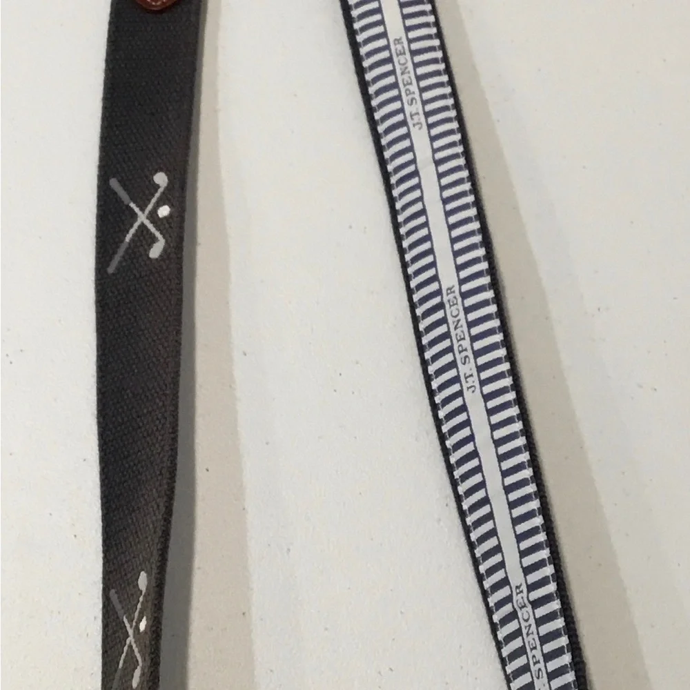 Men's Grey Woven Belt  with Golf Clubs and has Brown Leather Trim